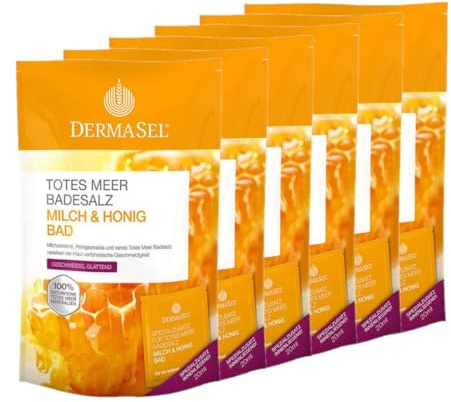 DermaSel® Totes Meer Badesalz | Milch & Honig | 400 g + 6x 20 ml | Cremebad mit Milchproteinen & Honigextrakt, pflegende Mineralien, für feuchtigkeitsarme Haut, mehr Elastizität, sanft