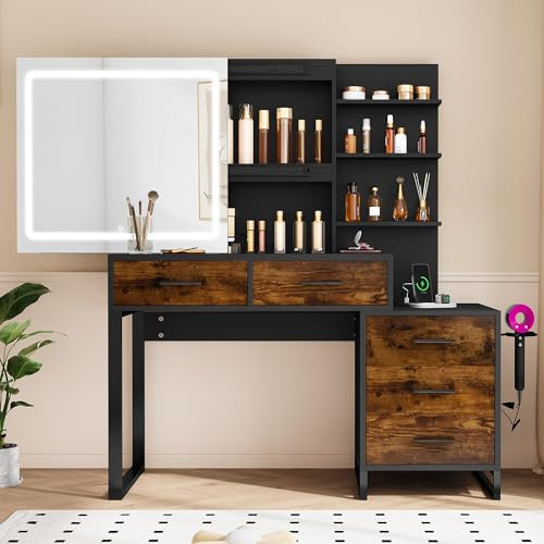YITAHOME Coiffeuse avec éclairage LED,Miroir Coulissant,3 Couleurs avec luminosité réglable,Table de Maquillage avec tiroirs et boîtier,Brun Rustique
