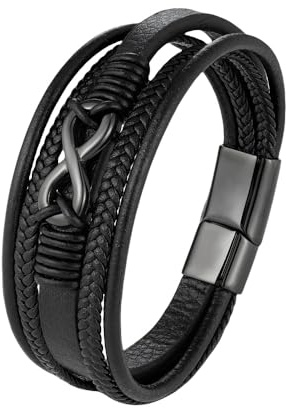 Herr Infinity Knot läderarmband med flera lager handgjorda flätade armband med magnetisk stängning present till män pojkar hemtillbehör, 21CM, Läder