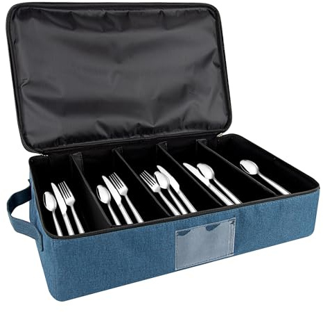 Kingshion 5-Compartment Cutlery Organizer - Heavy-duty Silverware Storage Case with Zipper Lid, Removable Dividers & Carry Handles, Portable Flatware Holder for Utensils, Knives, Spoons - Dark blue