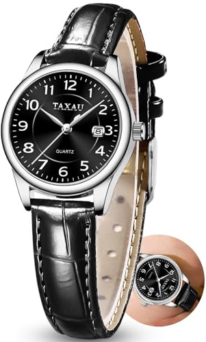 Taxau Damenuhr Lederarmband Analog Quarz–Elegante Armbanduhr Damen mit Datumsanzeige, Kleine 28mm Damen Uhr, 3Bar Wasserdicht,Klassisches Design Geschenke für Frauen