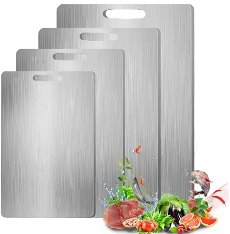 Tabla de cortar de acero inoxidable, 4 unidades, tabla de cortar de titanio, antibacteriana de doble cara, tabla de cortar de acero inoxidable, tabla de cocina de metal para carne, verduras, pan