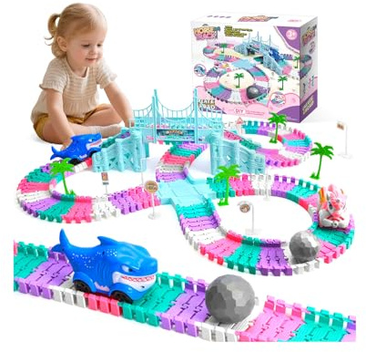 MOMSIV Race Track Toy for 3-7 Year Old Kids, Unicorn Construction Race Tracks & Cars Toy Set for Girls, Flexible DIY Play Set Create A Unicorn World Road Games for Boys and Girls