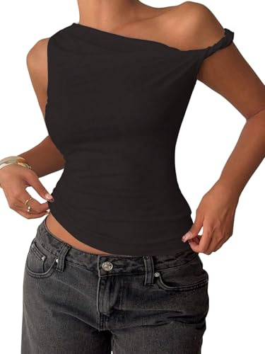 GORGLITTER Damlinne elegant Y2K ärmlös topp axellös sommartoppar slim fit basic crop top one shoulder damtopp, svart, S