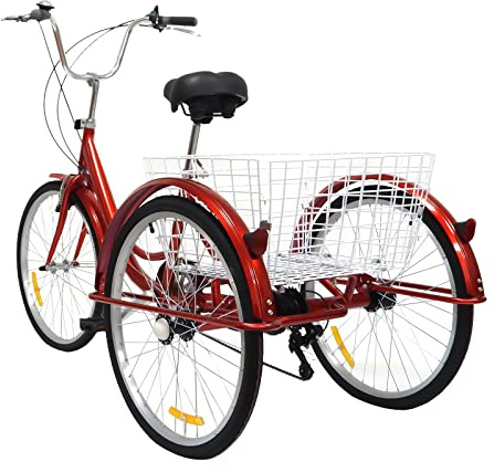 24 Zoll Dreirad für Erwachsene, 6 Gänge Cruise Cityräder mit Beleuchtung und Einkaufskorb bis, fahrradpolster Sattel Rückenlehne Tricycle, Erwachsene City Tricycle Fahrrad,für Fahrten Outdoor (Rot)