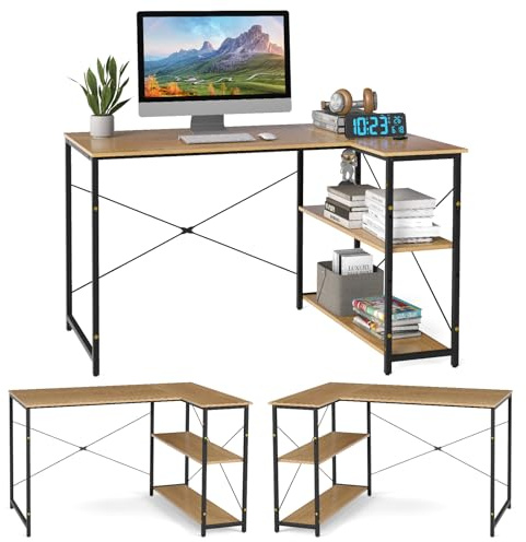 GIANTEX Escritorio en Forma de L de 118 cm, Mesa de Ordenador con Estante de Almacenamiento Reversible, Escritorio de Esquina Moderna con Estante Ajustable para Estudio, Oficina (Natural)