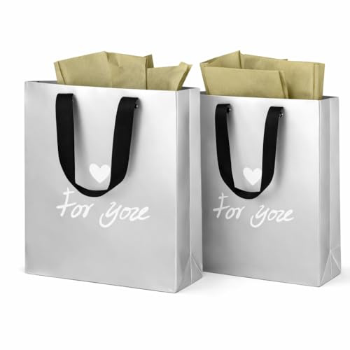 Bolsas de Regalo Plateadas 21x10x25 cm, Pack 2 con Papel de Regalo