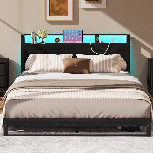MUZERUL Säng 120 x 200 med ergonomiskt sänggavel med förvaringsutrymme, golvsäng, låg metallsäng, sängram med laddningsstation och LED-belysning, ungdomssäng 120 x 200 för sovrum, gästrum, svart