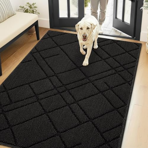 hicorfe Indoor Doormat,48x32 Welcome Mat,Non-Slip Absorbent Door Mat,Rubber Backing Dirt-Trapping Front Door Mat,Washable Low-Profile Stylish Mat for Entrance,Kitchen,Garden,Laundry Room(Black)