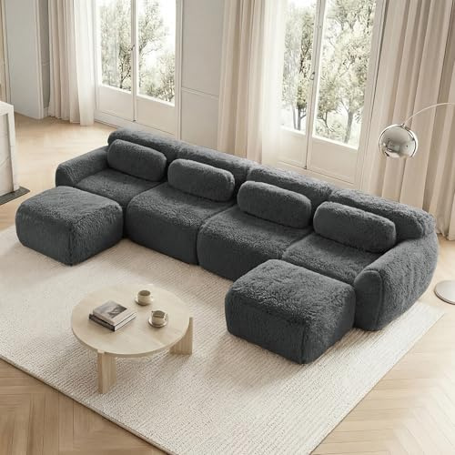 OPODEE Modulares KompressionsSofa U-Form Wohnlandschaft Design, Keine Montage, Plüsch Grau,Rahmenloses Bodensofa mit Kissen, rutschfest & Frei Kombinierbar, XXL Couch Garnitur für Wohnzimmer