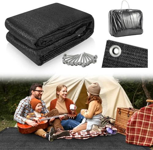 Vkechh 400 x 400 cm, tappeto per tende da sole, campeggio, per esterni, da campeggio con 12 fori, 13 picchetti e borsa per il trasporto, traspirante, antiscivolo, colore nero