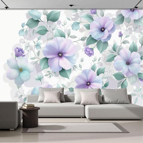 Papel Pintado De Seda Flores De Acuarela Moradas, 300x210cm Fotomurales Fresco Natural Papel Tapiz Fondo De Pantalla Decoración De Pared Para Domitorio, Salón Y Oficina, Púrpura Claro