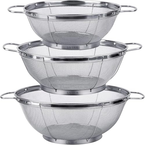 3 Pack 18/8 Stainless Steel Colander Sieves(5-Quart,4-Quart and 3-Quart),Mesh Strainer Net Baskets with Handles & Resting Base for Strain,Drain,Rinse or Steam,Strainer for Kitchen Food,Dishwasher Saf