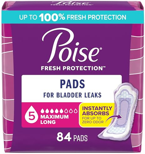 Poise Incontinence & Postpartum Pads for Bladder Leaks, 5 Drop Maximum Absorbency, Long Length, 84 Count, Packaging May Vary