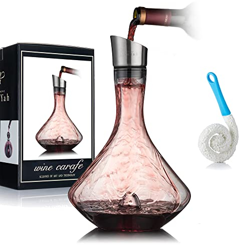 Decantador de Vino, Jarra de Vino Tinto con Aireador Integrado, Vino de Regalo, Tapón Vertedor de Acero Inoxidable, Filtro, Vaso de Cristal 100% Soplado a Mano sin Plomo