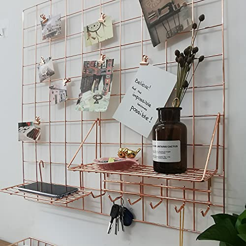 GRIDYMEN Multifunktionales galvanisiertes Metallgitter-Panel, Wand-Foto-Kunstwerk-Display und Organizer für Studentenwohnheim, Wohnzimmer, 59,9 x 60,9 cm, Roségold, 1 Stück