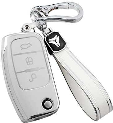 KUNIO Autoschlüssel Hülle Abdeckung Passt für Ford Fiesta Focus 2 Ecosport Kuga Escape Falcon B-Max C-Max Galaxy Territory Zubehör TPU Klapp Schlüsselanhänger Schlüsselcover 3 Tasten Weiß