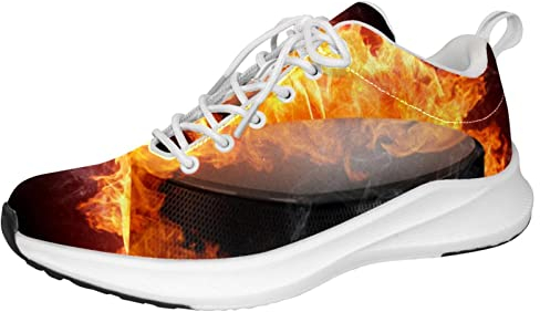 Personalisierte Herren-Sneaker, leichte Wanderschuhe, Laufschuhe, athletisch, Freizeit-Sneaker, Eishockey mit Flamme Fire, Mehrfarbig, 43 EU