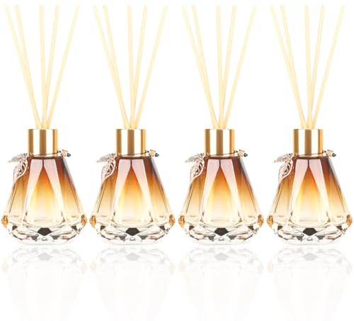 4 Leere Schilfrohr-Diffusorflaschen mit 20 Stäbchen, zartes Blattgold, Glas-Duft-Set mit Deckel für Zuhause, Badezimmer, nachfüllbar, Diamant-Stil, Gold