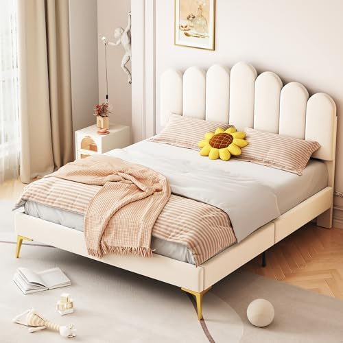 Moimhear Polsterbett Doppelbett 140 x 200 cm, Bettgestell mit Kopfteil und Lattenrost, Erwachsenen-Jugendbett-Gästebett in hautfreundlichem Samtstoff (Beige)