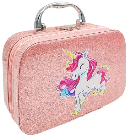 LUKIUP Einhorn Kinder Kosmetiktasche, Schminkkoffer Mit Bürstenfach und Spiegel, Wasserdichtes PU Kulturbeutel, Make Up Bag (20 * 7 * 14cm), Kulturtasche für Schmink Aufbewahrung Mädchen Geschenk