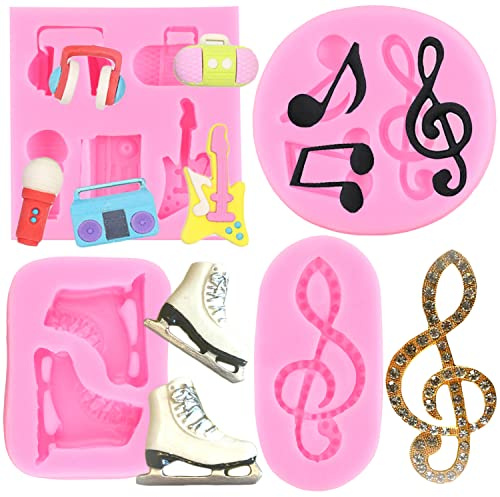 RFGHAC Music Note Silicone Mould Ice Skates Fondant Moulds Boombox Microphone Radio Guitar Mould for Disco Party Cake Decorating Cupcake Topper Candy Polymer Clay Chocolate Gum Paste Set of 4
