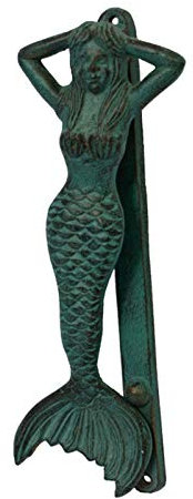 NEECS Cast Iron Door Bell Naughty Mermaid Door Knocker Knockers Decor,Retro Solid Cast Iron Knob Knob for Outside/Closet/Wardrobe/Dressing Table,with Green Finish Rack