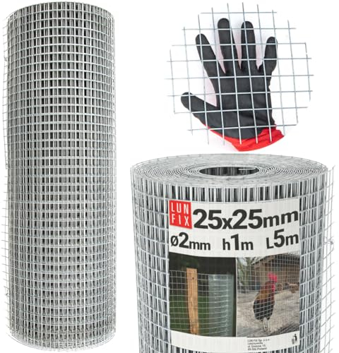 Volierendraht - Stahl verzinkt, 25x25, Ø 2.0 mm, 1m x 5m, Hasendraht Kaninchendraht, Drahtgitter Schweißgitter Maschendraht, Wühlmausgitter für Garten, Maschendrahtzaun, Lun Fix