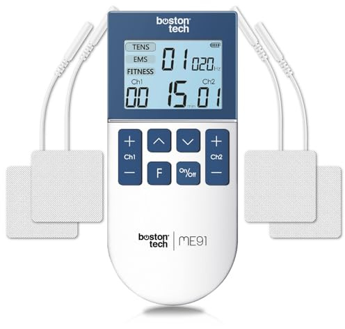Elektrostimulationsgerät TENS EMS 3 in 1 | Boston Tech® ME91 | 50 Programme, 16 Intensitäten, 2 Kanäle | Schmerztherapie, Rehabilitation | Tragetasche + 4 wiederverwendbare Elektrodenpads