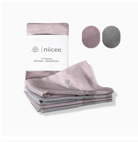 | niicee Premium mikrofiberdukar, set om 4 st, 60 x 40 cm, grå-rosa-fönsterduk, randfri – rengöringsduk, rengöringsduk, universalduk– bilduk– glansduk– polerduk– utan rengöringsmedel