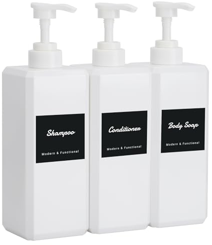Segus Shower Soap Dispenser, 3 Pieces 800ml Shampoo and Conditioner Bottles, Empty Hand Soap Dispenser, in Plastic, Bathroom Bottles with Labels (White)