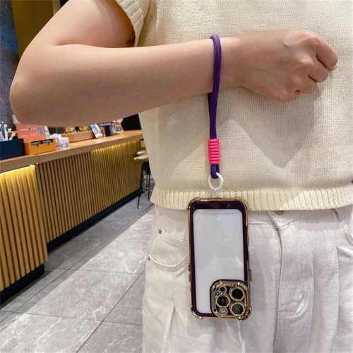 VFDHN Galvanisieren mit Lanyard Transparente Handyhülle für iPhone 15 14 13 12 11 16 Pro Max Plus Stoßstange Stoßfeste durchsichtige Abdeckung, Lila, Für iPhone 15Plus