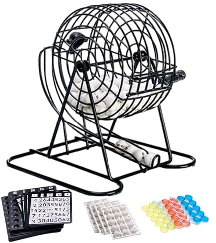 Fenayuu Bingo Spieleset, Bingo Spiel Metalltrommel 18 Bingotickets 75 Kugeln 150 Chips Spielbrett, Chips Für Familienfeiern, Gruppenpartys, Büro, Schule, Geburtstage, Feiertage & Veranstal