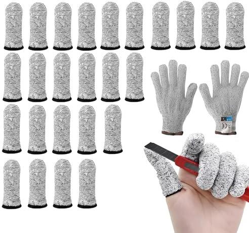 CALLYSONIC Lot de 25 protège-doigts résistants aux coupures avec 2 gants de protection contre les coupures, protection des doigts, protection anti-coupure, réutilisables pour le travail, la cuisine