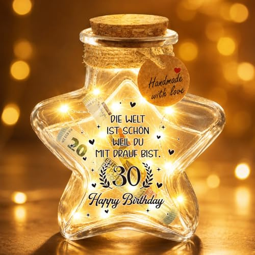 Giftota 30 Geburtstag Frauen Männer, LED Flaschenlicht Sternform mit Korken, Geldgeschenke Geburtstag 30, Coole Geburtstag Tischdeko, Geschenkideen Geburtstagsgeschenk für Familie, Freunde, Geliebte