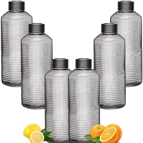 BELUKO Botella de cristal para agua, botella agua cristal 1 litro, 1.6 L, botella agua vidrio con tapa antigoteo, jarra agua, zumo jugos para nevera, frigorífico (GRIS 1 LITRO (pack de 6))