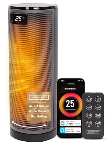 Olsen & Smith 1800W Smart Ceramic Heater Oscillating Wi-Fi/App/Voice Control, Small Compact Energy Efficient Tabletop Plug In Electric Portable Fan Room Space Heater with Thermostat, Fast Heating
