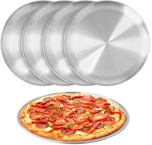 SINJEUN 5 PCS 30 cm Stainless Steel Dinner Plates, Silver Serving Plates Round Metal Dinner Tray for Camping, Eating, BBQ, Steak, Salad