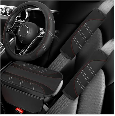 4PCS Car Accessories Set,Including Car Steering Wheel Cover & Seat Belt Cover Pad & Center Console Covers for Decorative Protection,Universal Cars Accessory Set for Sedan SUV Truck (Black)