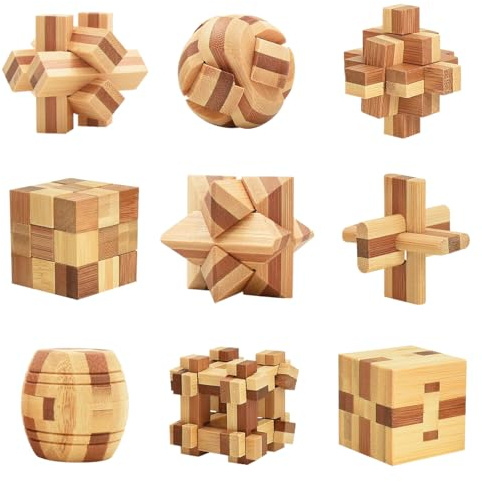 Hyacinthy 9 Stück Knobelspiele Holz,3D Mini Holzpuzzle Logikspiele, IQ Geduldspiel, Denkspiele Holzspielzeug, IQ Brain Teaser Geschenk Set für Erwachsene Kinder, 4.5cm