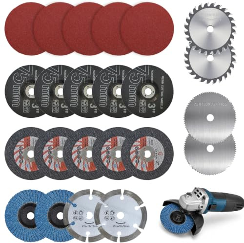 Forhandy Lot de 23 disques à tronçonner et disques à lamelles de 75 mm - Alésage de 10 mm - Disques flexibles professionnels pour mini meuleuse d'angle - 6 types de disques à tronçonner en métal et