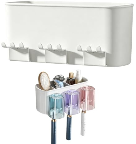 Soporte para Cepillos de Dientes – Portacepillos de Dientes Pared sin Perforacion con 3 Vasos, Soporte Cepillo de Dientes Electrico para 6 Cepillos, Organizador de Bano