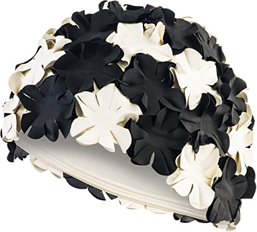 Aqua Speed Badekappe Lange Haare | Schwimmhaube Damen | Bademütze wasserdicht | Schwimmkappe | Schwimmen | Schwimmmütze | Womens Swimming Cap for Long Hair | Latex | Black - White | Bloom