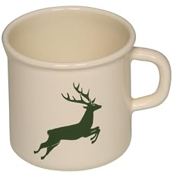 Riess, 0221-072, Emaille Topf mit Bördel, Kaffeebecher, Durchmesser 8cm, 0.375 Liter Inhalt, 3/8 Liter, LBH 11,1x8,8x8,4cm, Gew. 0,192kg (HIRSCH GRÜN)