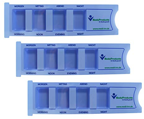 Medi-Inn Medikamentendispenser mit 4 Fächern, blau Standard, 3 Stück, Tablettenbox für einen Tag, Pillenbox, Tagesdispenser