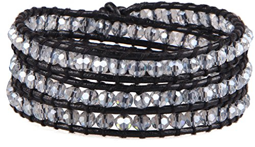 KELITCH Damen Kristall Perlen Strang Armbänder Handgemachtes Leder 3 Wickelarmband Mode Charm Armband