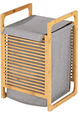 WENKO Tvättställ mod. Bahari, högkvalitativ tvättkorg av bambu kombinerad med grå, avtagbar och tvättbar tvättpåse, stängd tvättkorg, kapacitet 43 liter, 40 x 60 x 35 cm