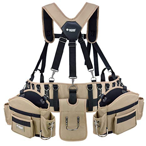 Jackson Palmer Professional Comfort-Rig Tool Belt with Adjustable Suspenders (Detachable Pockets & 2 Power Tool Hooks) - Tan & Black