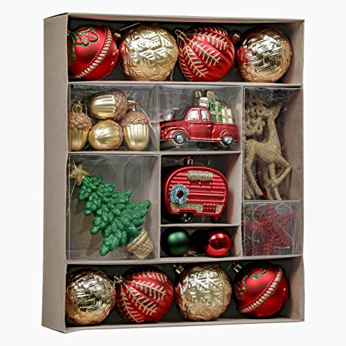 Valery Madelyn Christmas Tree Ornaments Set, 60ct Red Green and Gold Shatterproof Christmas Tree Decorations Bulk, Traditional Country Hanging Ball Ornaments for Xmas Trees Holiday Decor