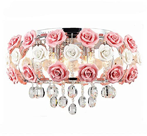 Deckenleuchte LED Schlafzimmer-lampe Kristall, Rosa und weiße Deko Kunst Blume-Design, E14 Deckenlampe Wohnzimmer Rund Kristall Leuchte, Ø45cm, für Esszimmer Arbeitszimmer Büro Kronleuchter 5-flammig
